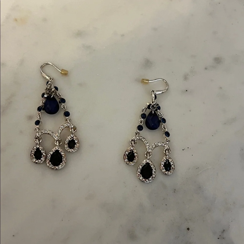 Elegant Silver-Tone Navy Blue Crystal Drop Earrings